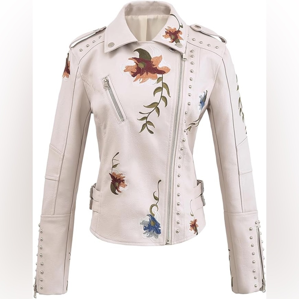 Off White Floral Embroidered Studded Faux Leather Jacket Moto Bomber Jacket Coat